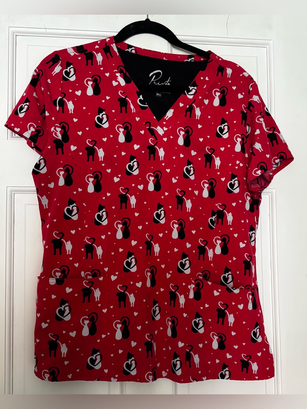 Prints by Maevn Red V-Neck Scrub Top with Cats Dog Hearts